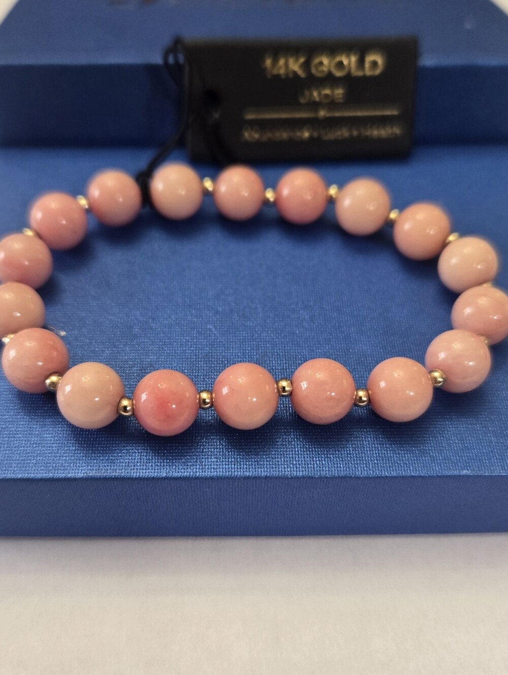 14kt Solid Yellow Gold Genuine Pink Jade Beaded Bracelet